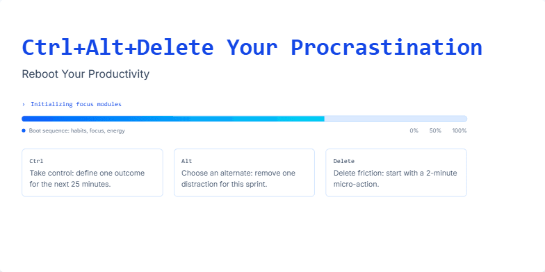A minimalist slide with a dark blue background and a neon title 'Ctrl+Alt+Delete Your Procrastination: Reboot Your Productivity.' A progress bar loads beneath the title, symbolizing a productivity journey. Three boxes below the progress bar outline steps to overcome procrastination using the Ctrl+Alt+Delete analogy. Fragment #4
