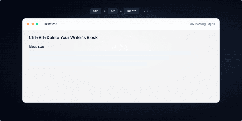 A slide titled 'Ctrl+Alt+Delete Your Writer's Block!' with graffiti-style text exploding into fragments to reveal a clean, minimalist workspace with a typing cursor.