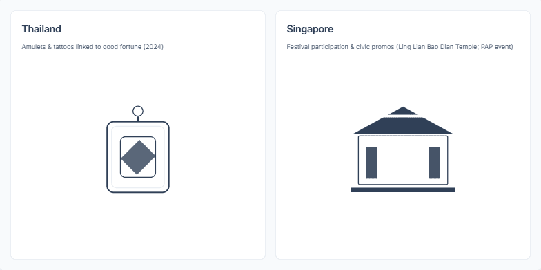 A slide comparing cultural touchpoints in Thailand and Singapore. Thailand is represented by an amulet icon and the text 'Amulets & tattoos linked to good fortune'. Singapore is represented by a temple icon and the text 'Festival participation & civic promos'. Fragment #2