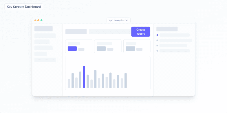 A slide showcasing a clean, modern dashboard design with animated annotations highlighting key features: an insights area, a primary call-to-action button, and a recent activity feed. Numbered callouts explain the design principles of focus, clarity, and action. Fragment #1