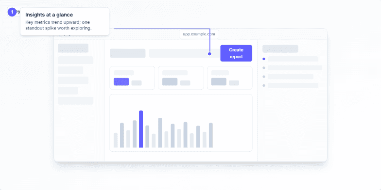 A slide showcasing a clean, modern dashboard design with animated annotations highlighting key features: an insights area, a primary call-to-action button, and a recent activity feed. Numbered callouts explain the design principles of focus, clarity, and action. Fragment #2