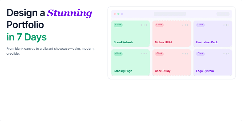 A slide showcasing a portfolio design coming to life through animation, with a pastel color palette and subtle sparkle animations highlighting project titles and client logos. Fragment #3