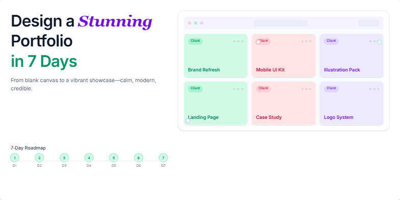A slide showcasing a portfolio design coming to life through animation, with a pastel color palette and subtle sparkle animations highlighting project titles and client logos.