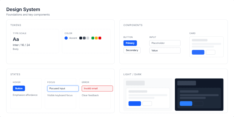 Slide showcasing a design system with sections for tokens, components, states, and light/dark mode previews.