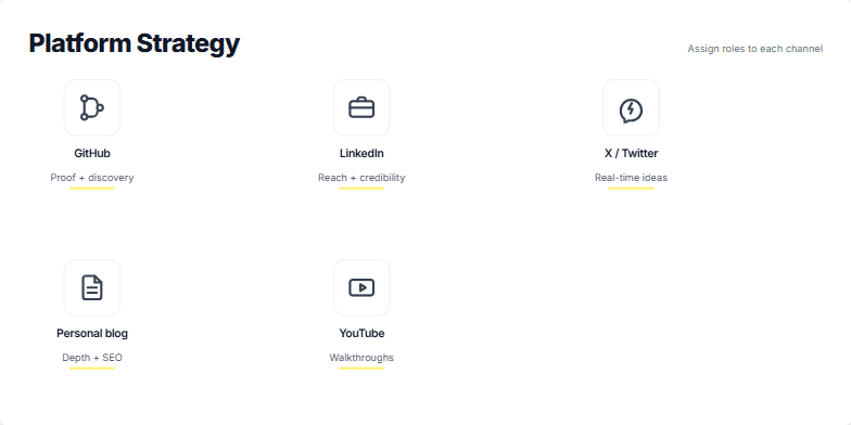 A slide titled 'Platform Strategy' with the subtitle 'Assign roles to each channel'. Below is a 2x3 grid of six cards. Each card represents a channel (GitHub, LinkedIn, X/Twitter, Blog, YouTube, Conferences) with a unique icon and a short description of its strategic purpose, such as 'Proof + discovery' for GitHub and 'Reach + credibility' for LinkedIn. Fragment #6