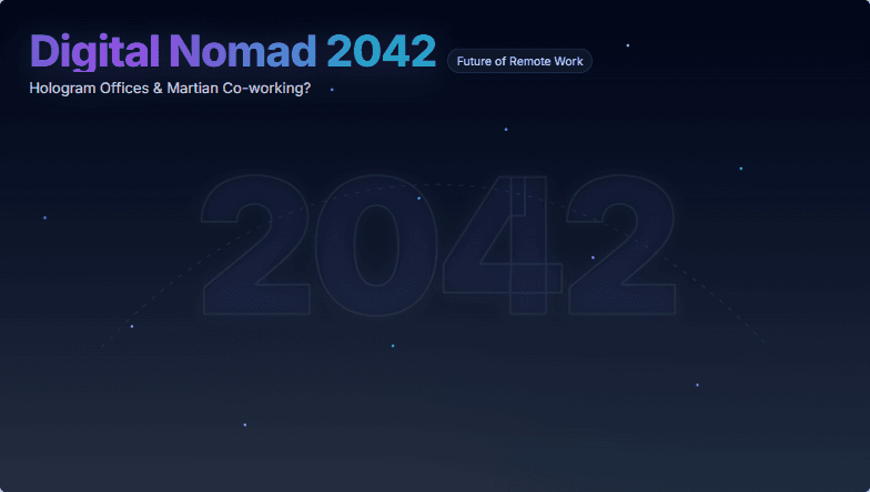 A futuristic slide depicting the potential of remote work in 2042, showcasing 'Hologram Offices' and 'Martian Co-working' against a backdrop of space with cool blue and purple hues. Fragment #1