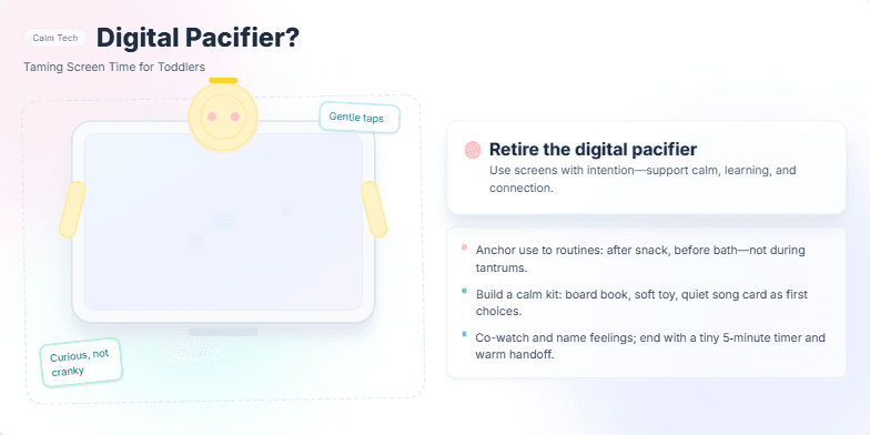 A stylized tablet with soft, pastel colors and a hand-drawn child interacting with it. The title 'Digital Pacifier?' emphasizes the theme of managing toddler screen time. Fragment #3