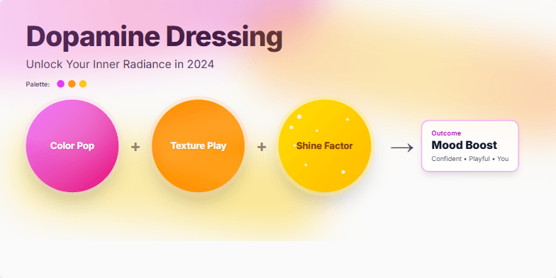 A vibrant slide illustrating 'Dopamine Dressing' with animated fuchsia, tangerine, and yellow gradients.  The slide highlights a 3-step process for a mood boost through strategic color, texture, and shine in fashion choices. Fragment #2
