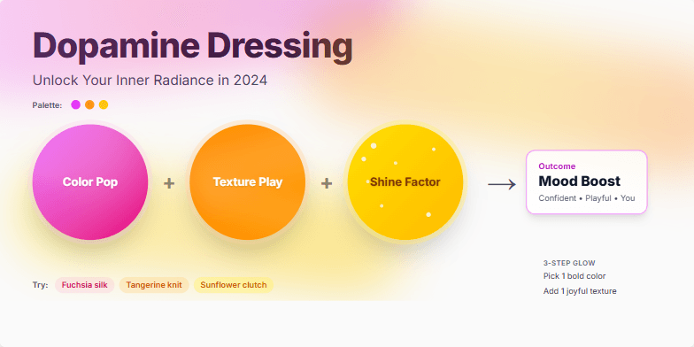 A vibrant slide illustrating 'Dopamine Dressing' with animated fuchsia, tangerine, and yellow gradients.  The slide highlights a 3-step process for a mood boost through strategic color, texture, and shine in fashion choices.