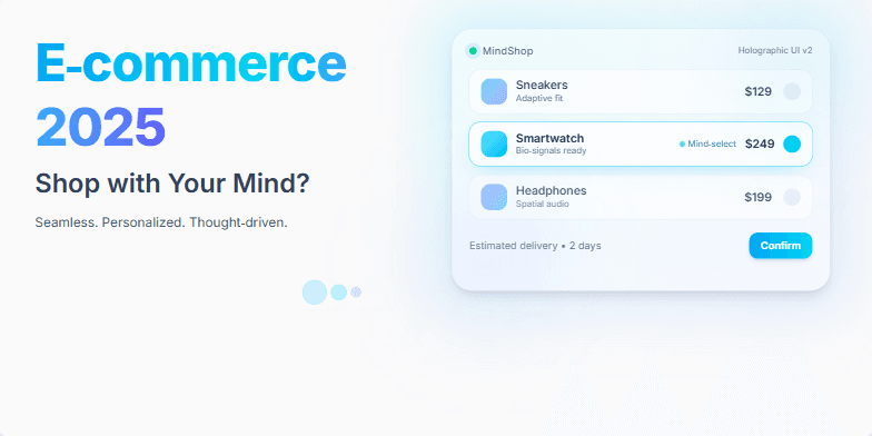 A futuristic holographic interface displaying product options with thought bubbles transforming into purchase confirmations, representing the concept of mind-controlled shopping in the future of e-commerce. Fragment #2
