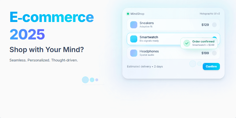 A futuristic holographic interface displaying product options with thought bubbles transforming into purchase confirmations, representing the concept of mind-controlled shopping in the future of e-commerce.
