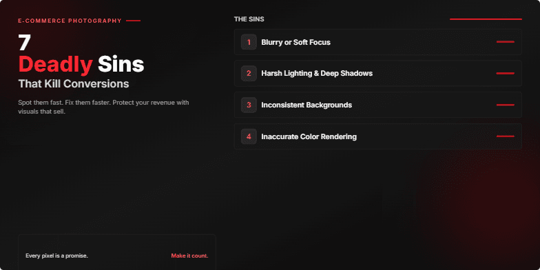 A slide titled '7 Deadly Sins of E-commerce Photography' with dark background, crimson highlights, and bold text.  Each sin is listed with a shattering glass effect. Fragment #5