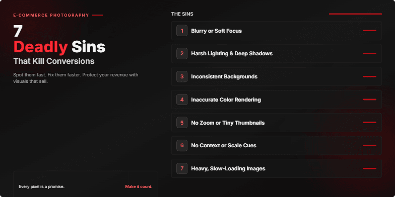 A slide titled '7 Deadly Sins of E-commerce Photography' with dark background, crimson highlights, and bold text.  Each sin is listed with a shattering glass effect.
