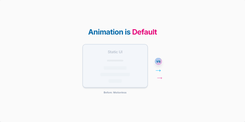 A slide comparing static UI elements with animated UI elements. The animated side showcases subtle movements, gradient shifts, and scaling effects, highlighting the automatic application of animations for enhanced user experience. Fragment #3