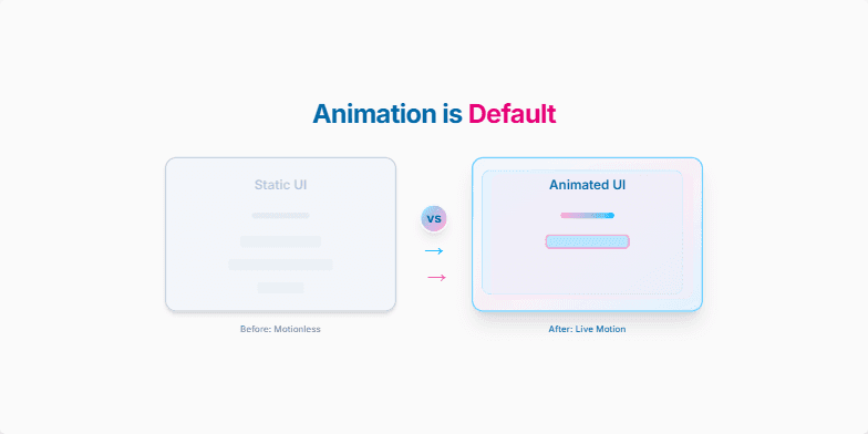 A slide comparing static UI elements with animated UI elements. The animated side showcases subtle movements, gradient shifts, and scaling effects, highlighting the automatic application of animations for enhanced user experience. Fragment #4