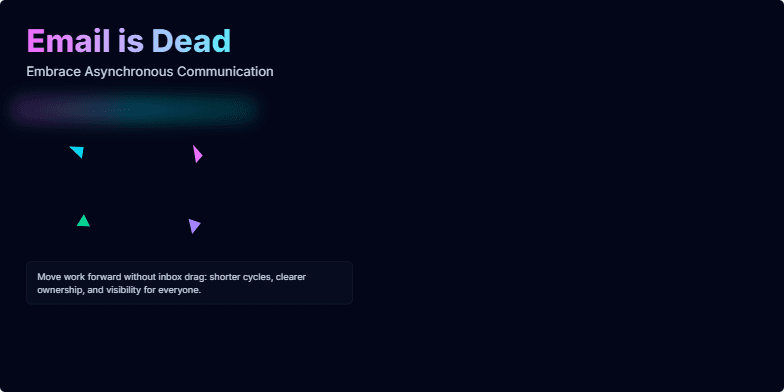 A futuristic slide with a shattering email icon and logos for Slack, Asana, and Loom, promoting asynchronous communication. Fragment #2