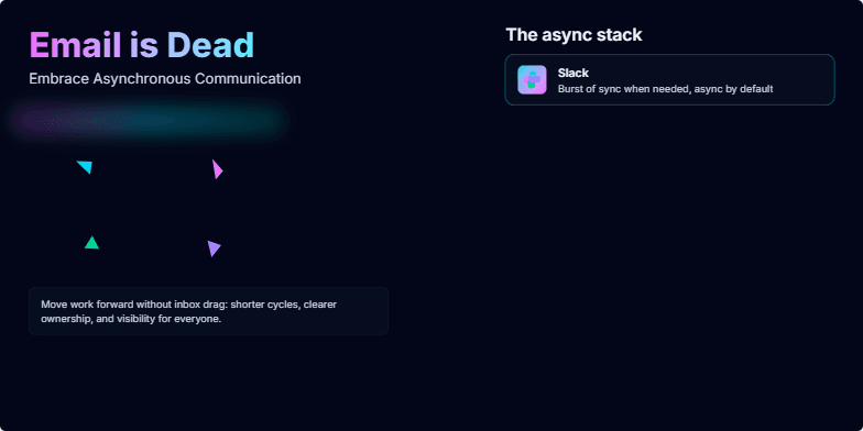 A futuristic slide with a shattering email icon and logos for Slack, Asana, and Loom, promoting asynchronous communication. Fragment #3