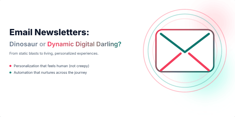 A slide with a vibrant coral and teal color scheme. A pixelated email icon morphs into a sleek, modern design. Animated text highlights benefits like personalization and automation. Fragment #3