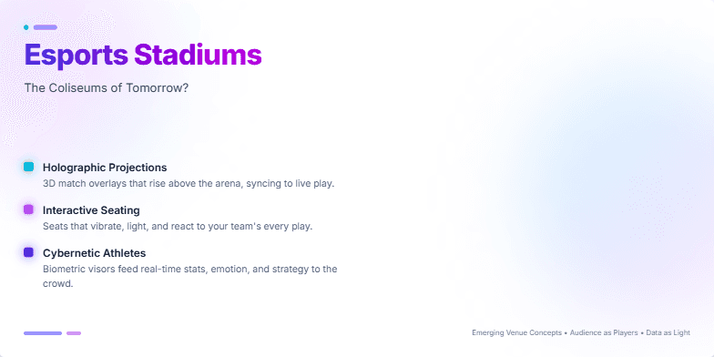 A futuristic esports stadium concept with holographic projections, interactive seating, and cybernetic athletes.  The design uses deep blues and electric purples with glowing accents. Fragment #2