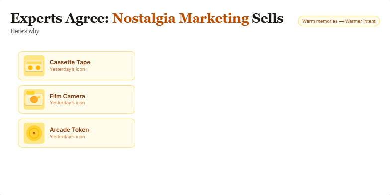 Slide on Nostalgia Marketing showing vintage products transitioning to modern equivalents, with supporting statistics and a warm, sepia tone. Fragment #1