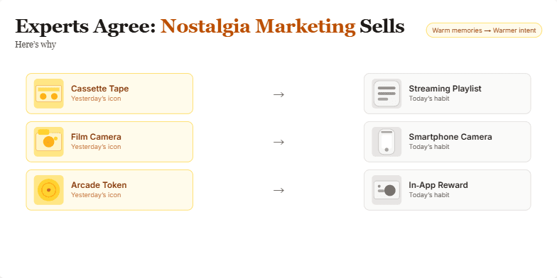 Slide on Nostalgia Marketing showing vintage products transitioning to modern equivalents, with supporting statistics and a warm, sepia tone. Fragment #2