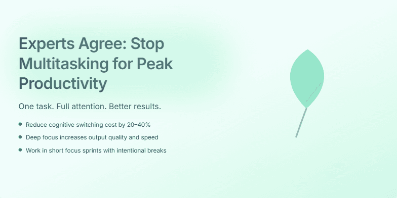 A slide with a calming blue-green gradient background. The title 'Experts Agree: Stop Multitasking for Peak Productivity' is highlighted with a soft glow. A single, animated leaf grows on the right side, symbolizing focused growth.  Three bullet points list the benefits of single-tasking.
