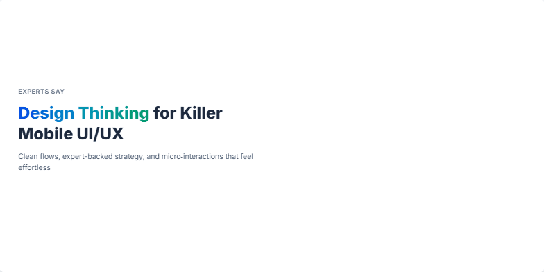 A slide illustrating design thinking principles for mobile UI/UX, featuring a step-by-step breakdown of the process alongside interactive phone mockups showcasing smooth animations and micro-interactions. Fragment #1