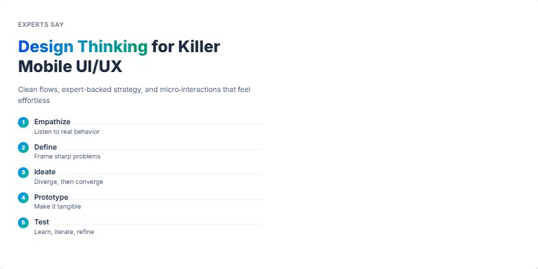 A slide illustrating design thinking principles for mobile UI/UX, featuring a step-by-step breakdown of the process alongside interactive phone mockups showcasing smooth animations and micro-interactions. Fragment #2