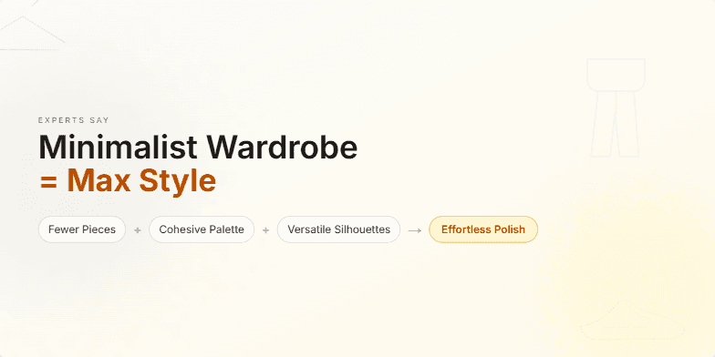 A slide promoting minimalist wardrobes with the title 'Experts Say: Minimalist Wardrobe = Max Style'. Subtle animations of clothing icons and a soft color palette evoke effortless chic. Fragment #2