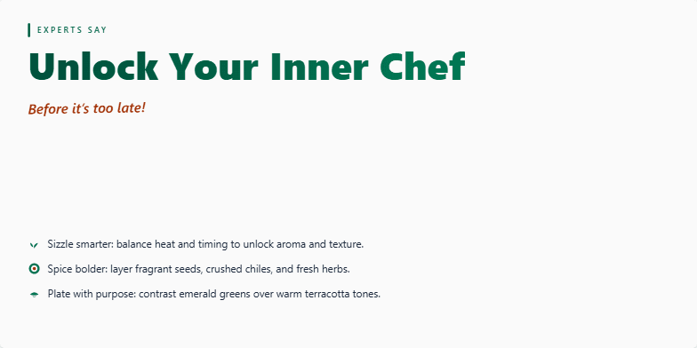 A stylized illustration of a steaming bowl of food with vibrant green and red ingredients. The text 'Unlock Your Inner Chef (Before It's Too Late!)' overlays the image, inviting viewers to explore their culinary potential. Fragment #2