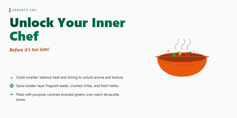 A stylized illustration of a steaming bowl of food with vibrant green and red ingredients. The text 'Unlock Your Inner Chef (Before It's Too Late!)' overlays the image, inviting viewers to explore their culinary potential.