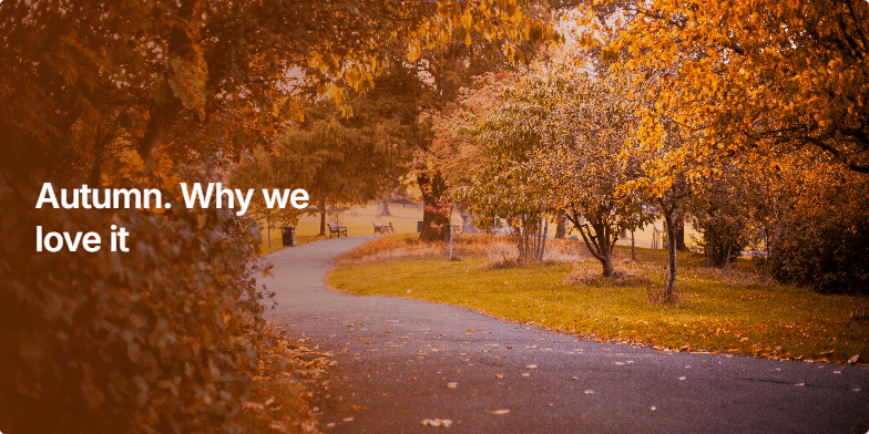 A presentation slide about the beauty of autumn, featuring a background photo of a sunlit park path with golden trees. The title 'Autumn. Why we love it' is displayed in white text over a dark gradient, with bullet points detailing the sensory experiences of the season. Fragment #2