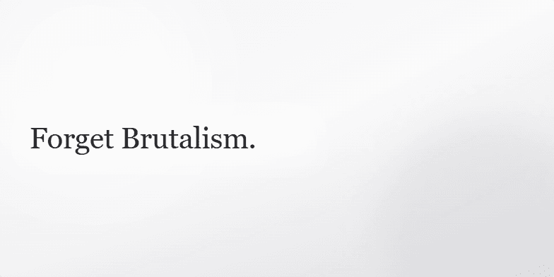 A minimalist presentation slide with the title 'Forget Brutalism. Why concrete is becoming the most sensual material in modern architecture.' The text is in an elegant serif font on the left. On the right, three cards highlight the qualities 'Fluidity,' 'Light,' and 'Touch.' The background is a soft grey gradient with subtle light blooms. Fragment #1