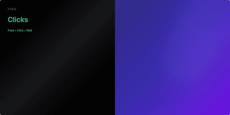 A split-screen slide showing the evolution of digital interaction. The left side, titled 'Then,' has a retro black and green computer terminal theme with a blinking cursor. The right side, titled 'Now,' has a futuristic indigo and violet theme with a glowing, animated waveform. A shimmering line divides the two halves. Fragment #1