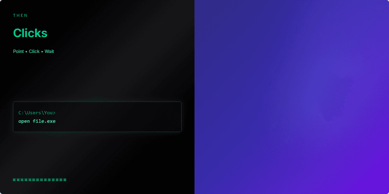 A split-screen slide showing the evolution of digital interaction. The left side, titled 'Then,' has a retro black and green computer terminal theme with a blinking cursor. The right side, titled 'Now,' has a futuristic indigo and violet theme with a glowing, animated waveform. A shimmering line divides the two halves. Fragment #2