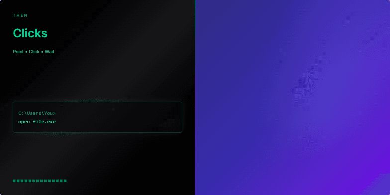 A split-screen slide showing the evolution of digital interaction. The left side, titled 'Then,' has a retro black and green computer terminal theme with a blinking cursor. The right side, titled 'Now,' has a futuristic indigo and violet theme with a glowing, animated waveform. A shimmering line divides the two halves. Fragment #3