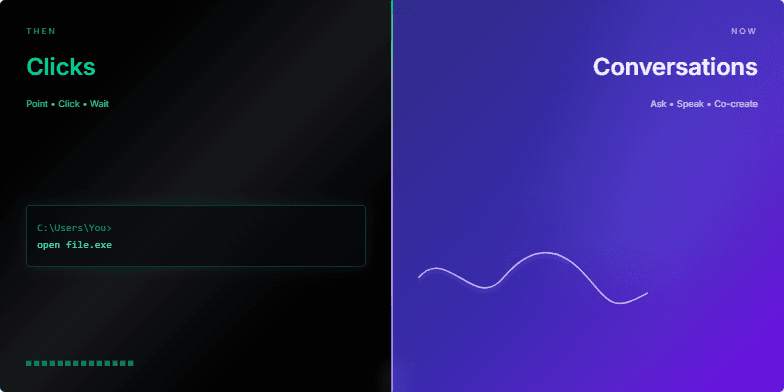 A split-screen slide showing the evolution of digital interaction. The left side, titled 'Then,' has a retro black and green computer terminal theme with a blinking cursor. The right side, titled 'Now,' has a futuristic indigo and violet theme with a glowing, animated waveform. A shimmering line divides the two halves.