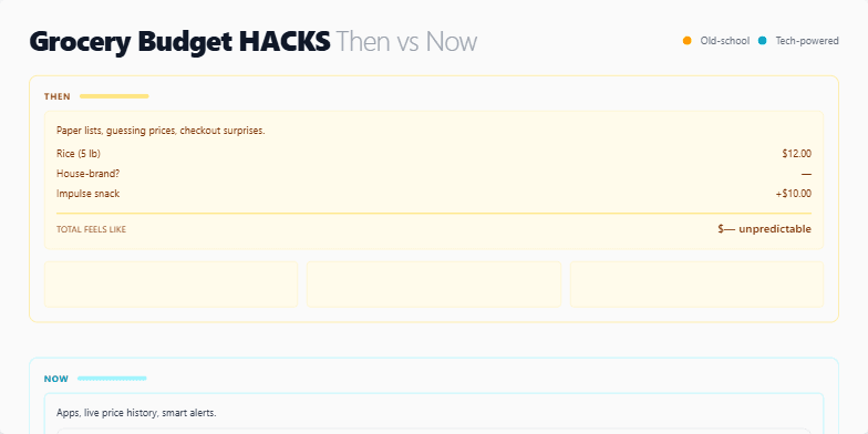 A split-screen slide contrasting old-fashioned grocery shopping (sepia-toned with paper lists) with modern budgeting apps (neon-infused with price comparison animations).  Text highlights potential weekly savings. Fragment #1