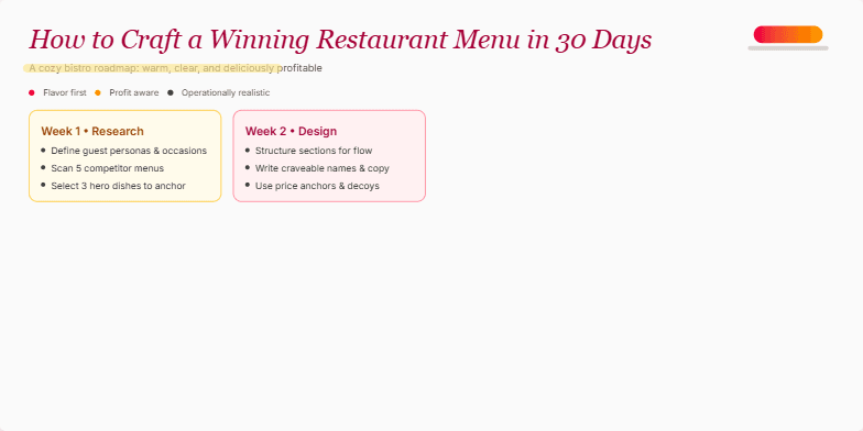 A slide showcasing a 30-day plan for crafting a winning restaurant menu. The slide is designed with warm bistro colors and features hand-drawn typography. It is divided into four weekly sections, each highlighting key tasks for menu development, from research and design to costing, testing, and launch. Subtle animations of steam and sizzling pans add a touch of culinary appeal, while close-up shots of delectable dishes tantalize the viewer. The overall design is inviting and informative, suggesting an achievable path to creating a successful restaurant menu. Fragment #2