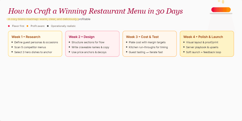 A slide showcasing a 30-day plan for crafting a winning restaurant menu. The slide is designed with warm bistro colors and features hand-drawn typography. It is divided into four weekly sections, each highlighting key tasks for menu development, from research and design to costing, testing, and launch. Subtle animations of steam and sizzling pans add a touch of culinary appeal, while close-up shots of delectable dishes tantalize the viewer. The overall design is inviting and informative, suggesting an achievable path to creating a successful restaurant menu. Fragment #3