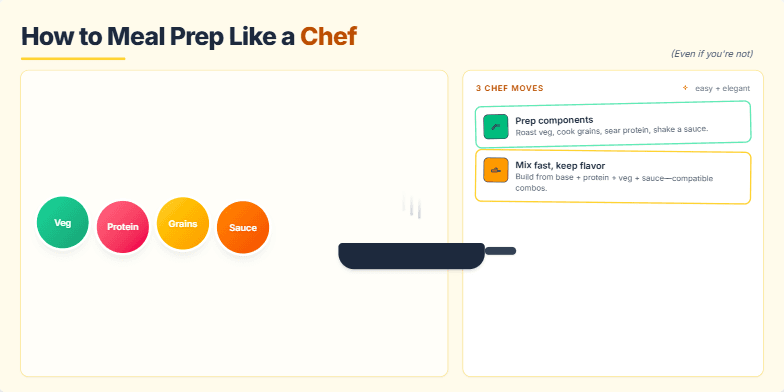 A slide illustrating how to meal prep like a chef. It shows ingredients transforming into portioned meals with icons and text explaining the three key steps: prepping components, mixing fast, and portioning. Fragment #3