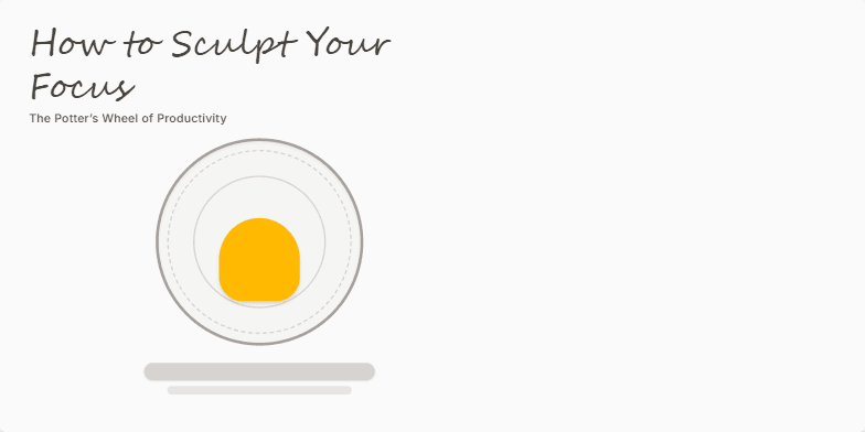 A slide titled 'How to Sculpt Your Focus: The Potter's Wheel of Productivity' features an animated potter's wheel shaping clay, symbolizing focus. Minimalist icons representing a target, spatula, and sponge accompany text describing a three-step process: Center, Shape, and Refine. Fragment #2