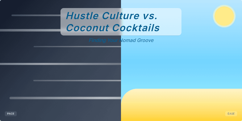 Split-screen showing a bustling city in grayscale juxtaposed with a vibrant beach scene. The title 'Hustle Culture vs. Coconut Cocktails: Finding Your Nomad Groove' appears over the image, with a wave animation washing across the beach. Fragment #2