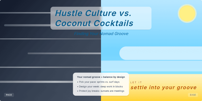 Split-screen showing a bustling city in grayscale juxtaposed with a vibrant beach scene. The title 'Hustle Culture vs. Coconut Cocktails: Finding Your Nomad Groove' appears over the image, with a wave animation washing across the beach.