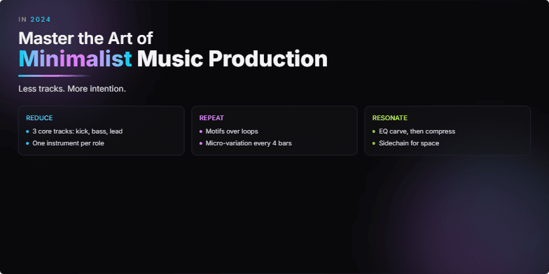 A dark-themed slide with neon accents showcases the title 'In 2024: Master the Art of Minimalist Music Production.'  The slide visually represents a simplified digital audio workstation with minimal tracks and effects, emphasizing key principles like 'Reduce,' 'Repeat,' and 'Resonate.' Fragment #2