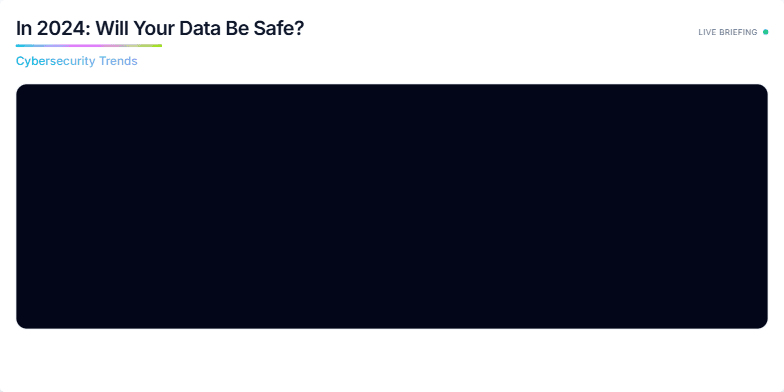 A futuristic slide on cybersecurity trends in 2024. Dark background with neon accents highlighting key threats: AI-powered attacks, supply chain exploits, and identity takeover. An animated graph shows the rising threat trajectory. Fragment #1