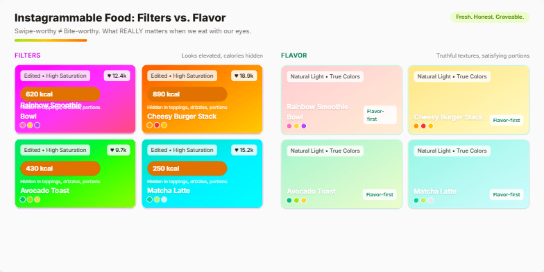 A slide contrasting heavily filtered food photos with naturally lit ones, revealing the hidden calories behind the filters. It emphasizes the difference between 'Instagrammable' and healthy eating. Fragment #2