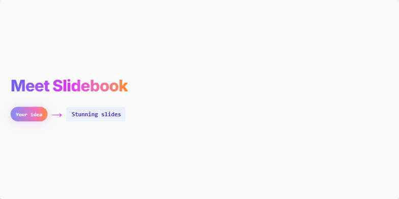Slide showcasing Slidebook, an AI presentation maker.  'Meet Slidebook' headline with gradient text. 'Your idea → Stunning slides' animation with typing effect.  Subheadline emphasizes ease of use: 'Type your topic. AI creates a complete, stylish deck.' Key features listed below. Fragment #2
