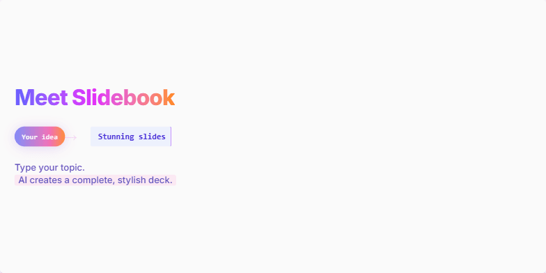 Slide showcasing Slidebook, an AI presentation maker.  'Meet Slidebook' headline with gradient text. 'Your idea → Stunning slides' animation with typing effect.  Subheadline emphasizes ease of use: 'Type your topic. AI creates a complete, stylish deck.' Key features listed below. Fragment #3