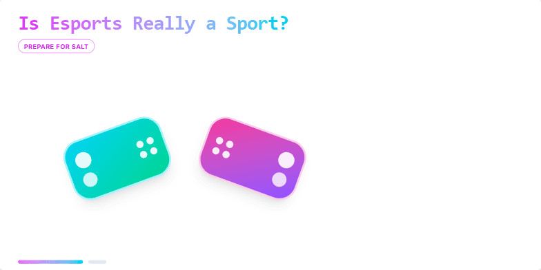 A dynamic slide debating 'Is Esports Really a Sport?' with clashing game controllers, vibrant esports team colors, and a 'Sport Test' checklist analyzing skill, rules, competition, and spectatorship. Fragment #1